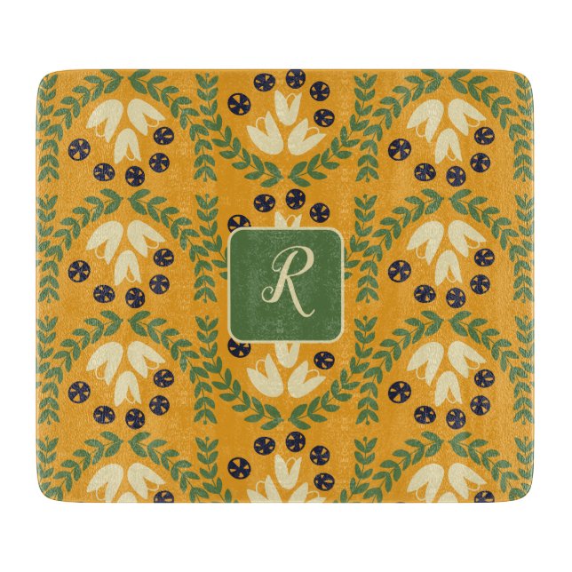 Retro flower and Leaf Monogram Cutting Board (Front)