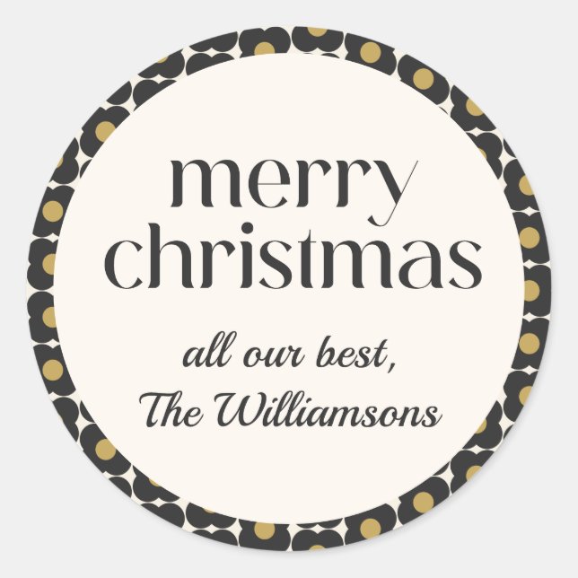 Retro Flower Black Gold Christmas Holiday Custom Classic Round Sticker (Front)