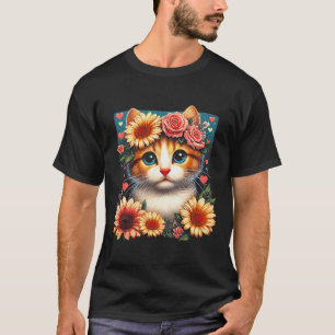 Retro Flower Cat Love Art Kitten With Flowers Anim T-Shirt