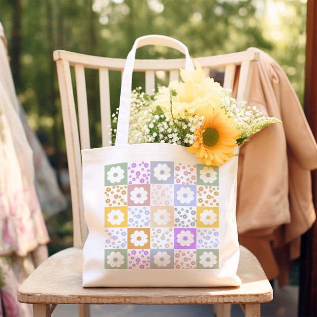 Retro Flower Chequered Tote Bag (Creator Uploaded)