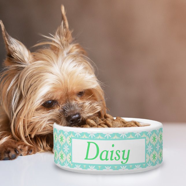 Retro Flower & Daisy Hourglass Pattern Pet Name Bowl (A little daisy design with cheerful colors.)