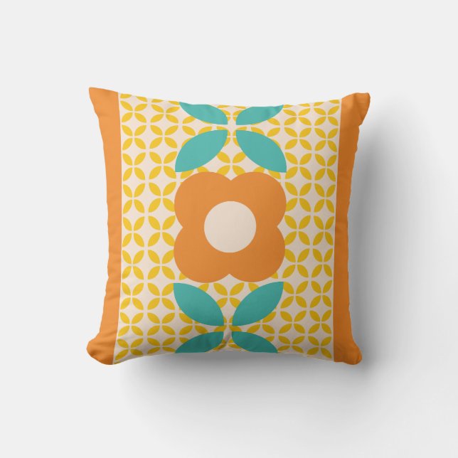 Retro Flower, Geo Pattern Orange, Teal, Pink Cushion (Front)