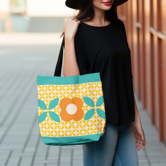 Retro Flower, Geo Pattern Orange, Teal, Pink Tote Bag (Creator Uploaded)