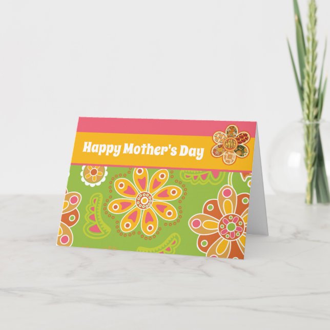 Retro Flower Green Pink Happy Mother's Day  Card (Front)