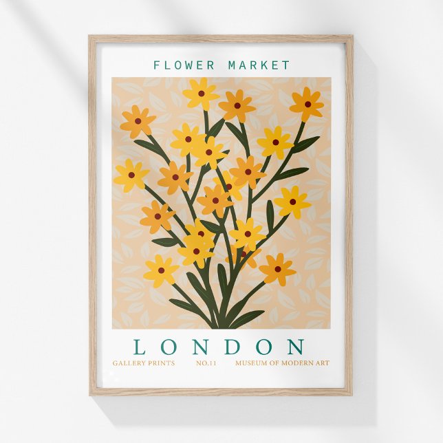 Retro Flower Market London Colourful Floral Poster (Retro Flower Market London Colorful Floral Poster in a wooden frame on a sunny white wall.)