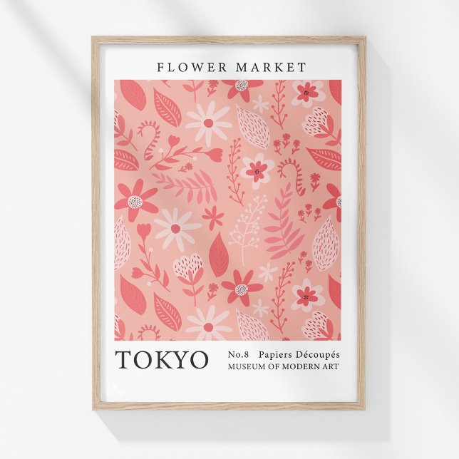 Retro Flower Market Tokyo Pink Abstract Flowers Poster (Retro Flower Market Tokyo Pink Abstract Flowers Poster in a wooden frame on a sunny white wall.)