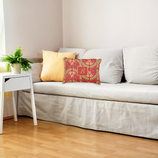 Retro Flower Monogram Accent Pillow (Personalized Monogram Retro Flower Throw Pillow)