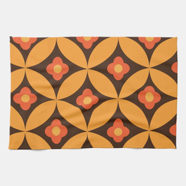 Retro flower on mid century circles orange  tea towel (Horizontal)