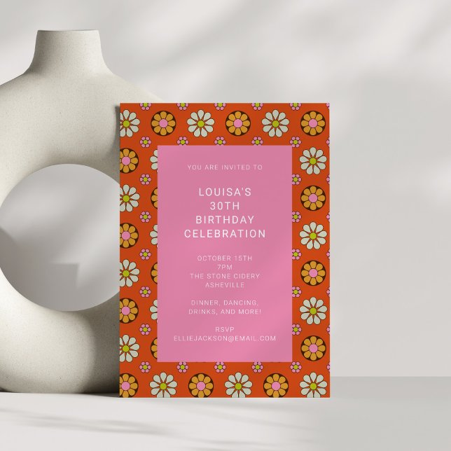 Retro Flower Orange Pink 30th Birthday Party Invitation (Creator Uploaded)