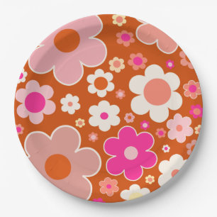 Retro Flower Pattern In Orange Peach Pink Floral Paper Plate