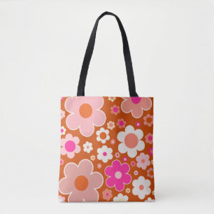 Retro Flower Pattern In Orange Peach Pink Floral Tote Bag
