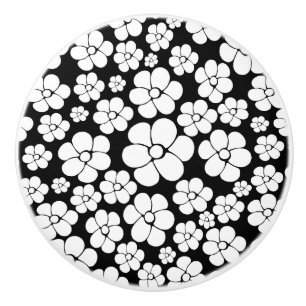 Retro Flower Pattern in White on Black Ceramic Knob