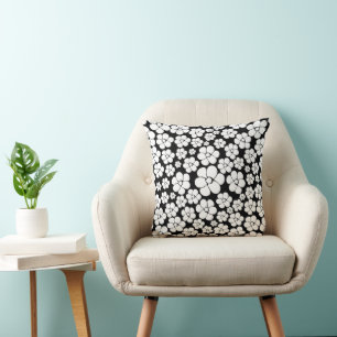 Retro Flower Pattern in White on Black Cushion