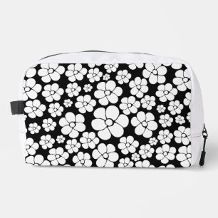 Retro Flower Pattern in White on Black Dopp Kit