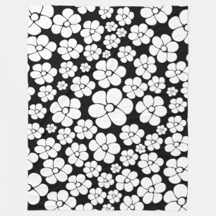 Retro Flower Pattern in White on Black Fleece Blanket