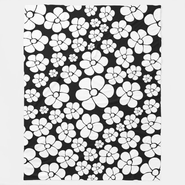 Retro Flower Pattern in White on Black Fleece Blanket (Front)
