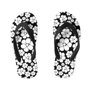 Retro Flower Pattern in White on Black Kid's Thongs