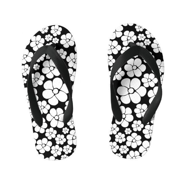 Retro Flower Pattern in White on Black Kid's Thongs (Footbed)