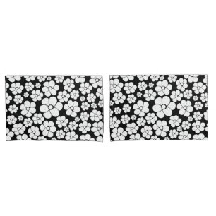 Retro Flower Pattern in White on Black Pillowcase