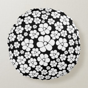 Retro Flower Pattern in White on Black Round Cushion