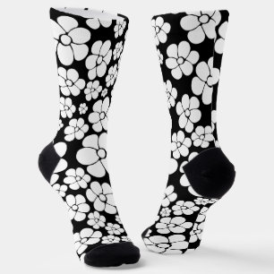 Retro Flower Pattern in White on Black Socks