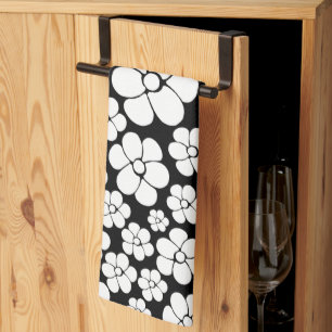 Retro Flower Pattern in White on Black Tea Towel