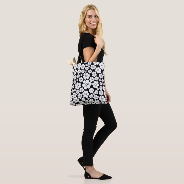 Retro Flower Pattern in White on Black Tote Bag (On Model)