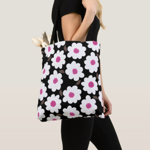 Retro Flower Pattern in White on Black  Tote Bag