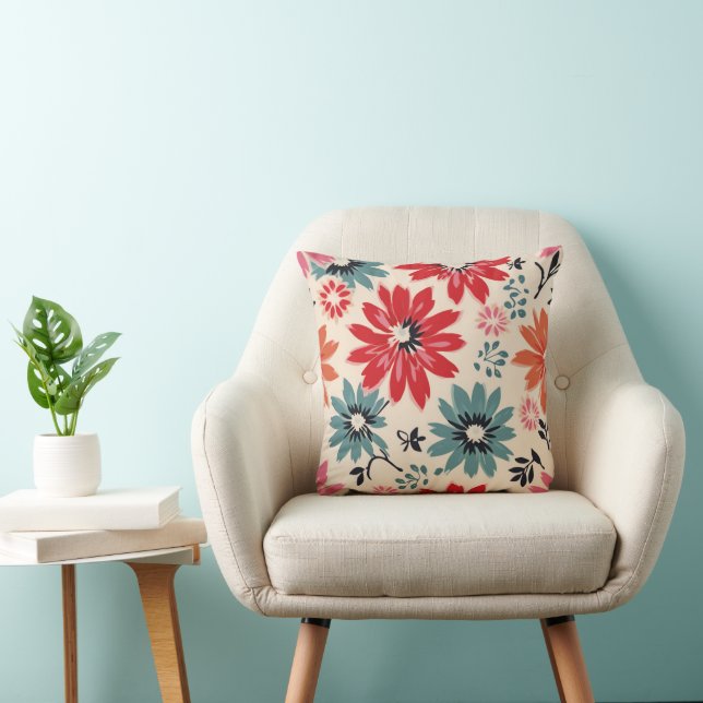 Retro Flower Pattern Red Orange Blue Cushion (Chair)
