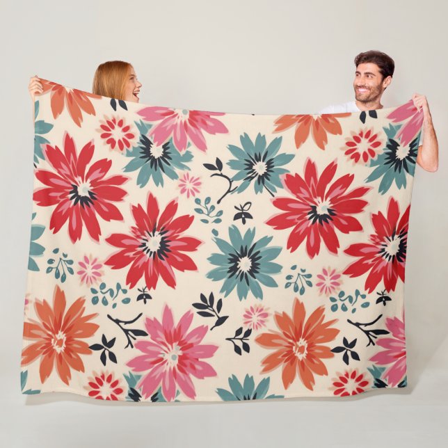 Retro Flower Pattern Red Orange Blue Fleece Blanket (In Situ)