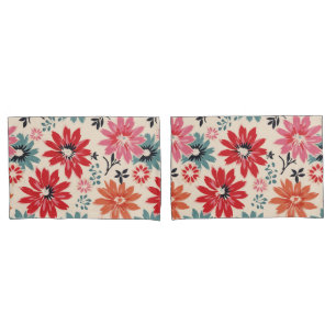 Retro Flower Pattern Red Orange Blue Pillowcase