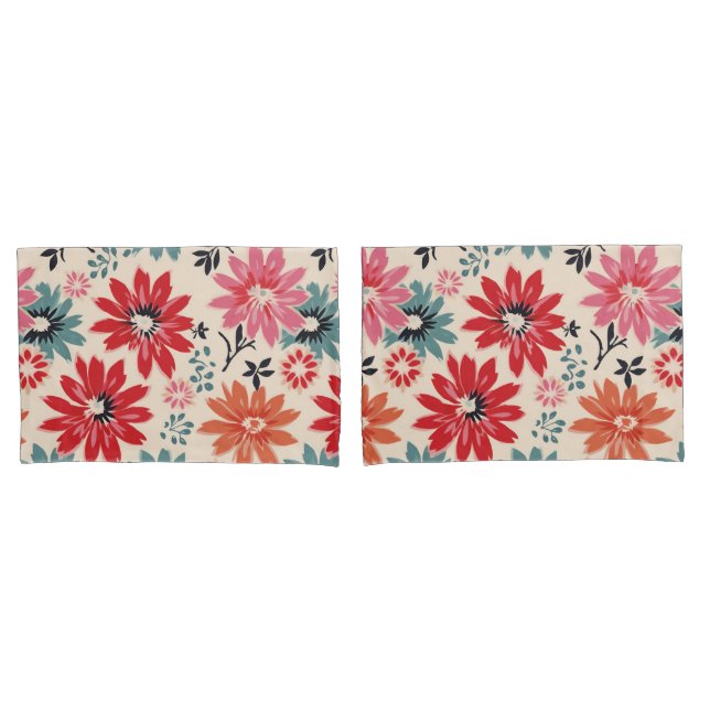 Retro Flower Pattern Red Orange Blue Pillowcase (Front-Set)