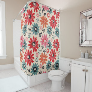 Retro Flower Pattern Red Orange Blue Shower Curtain