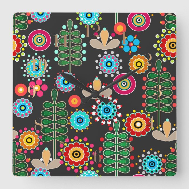 Retro, flower pattern square wall clock (Front)