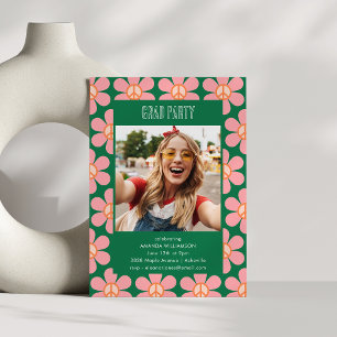 Retro Flower Peace Pink Green Grad Party Photo Invitation