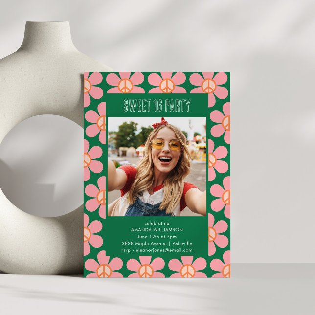 Retro Flower Peace Pink Green Sweet 16 Party Photo Invitation (Creator Uploaded)