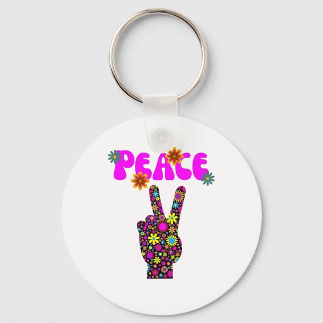 Retro Flower Peace Sign Key Ring (Front)
