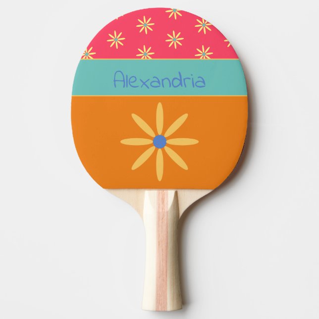 Retro Flower Personalised Name Ping Pong Paddle (Front)