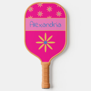 Retro Flower Personalized Name Hot Pink Pickleball Paddle
