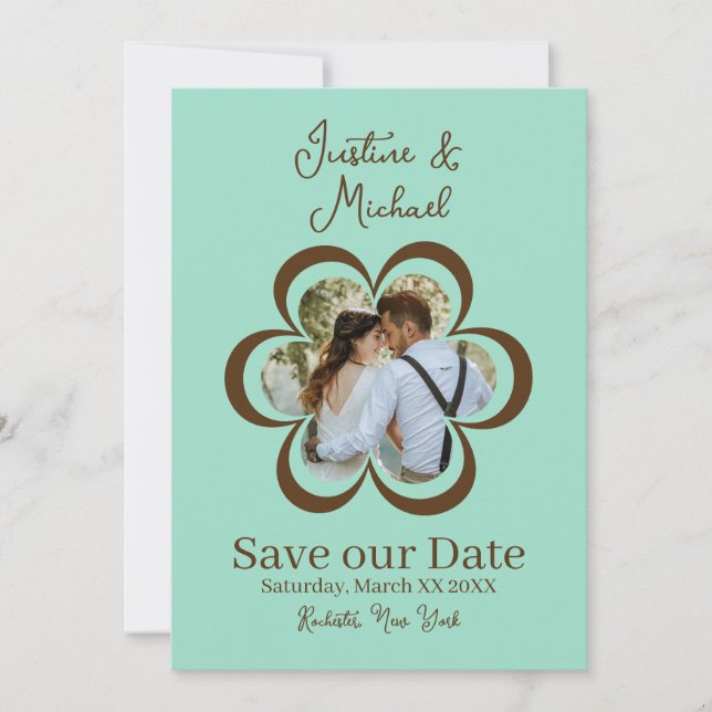 Retro Flower Photo Teal and Brown Wedding Invitation (Front)