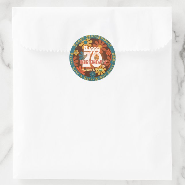 Retro Flower Power Custom 70th Birthday Classic Round Sticker (Bag)