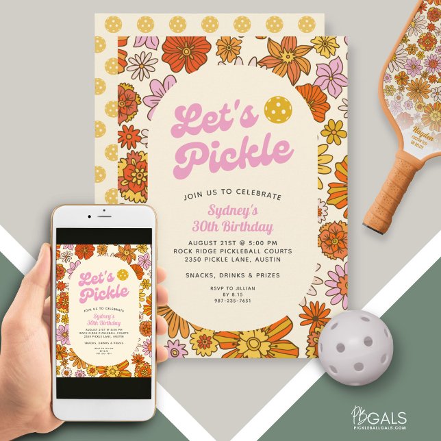 Retro Flower Power Pattern Pickleball Party  Invitation (Creator Uploaded)