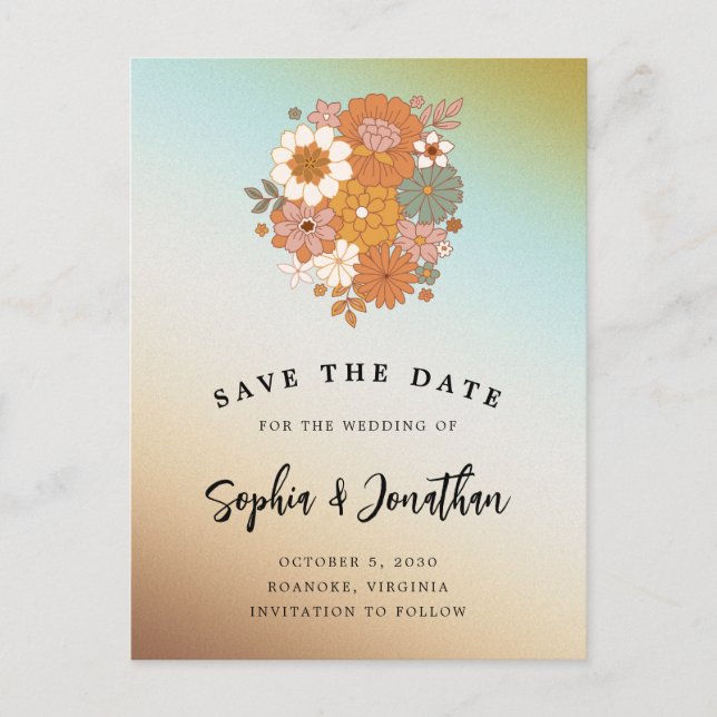 Retro Flower Power QR Code Wedding Save the Date Announcement Postcard (Front)