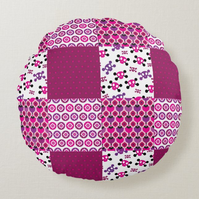Retro flower skull polka dot round cushion (Front)