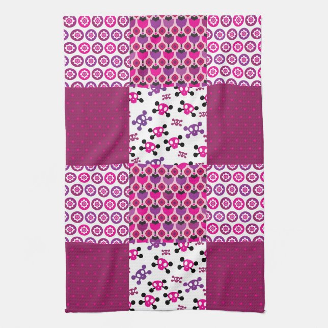 Retro flower skull polka dot tea towel (Vertical)