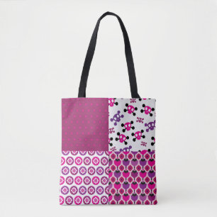 Retro flower skull polka dot tote bag