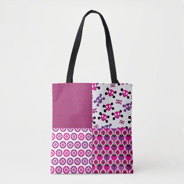 Retro flower skull polka dot tote bag (Front)