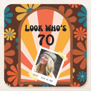 Retro Flower Sunrise Photo Birthday Paper Coaster