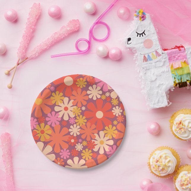 Retro Flowers 60s 70s Aesthetic Floral Pattern Paper Plate (Party)