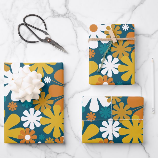 Retro Flowers 60s 70s Aesthetic Floral Pattern Wrapping Paper Sheet (Front)
